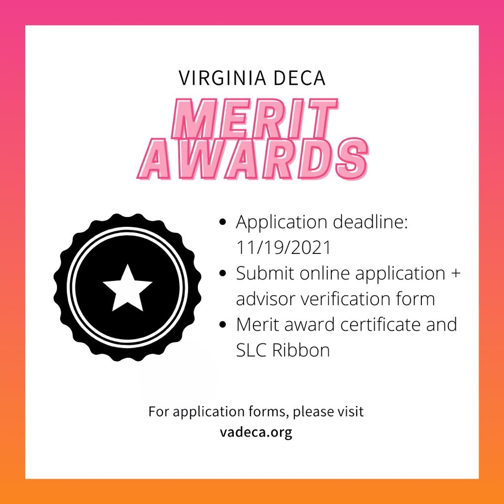 Merit Award applications are due on November 19!! Be sure to turn in your application (on our website) and other required items to get recognition at SLC! #VADECAFiredUp 🔥