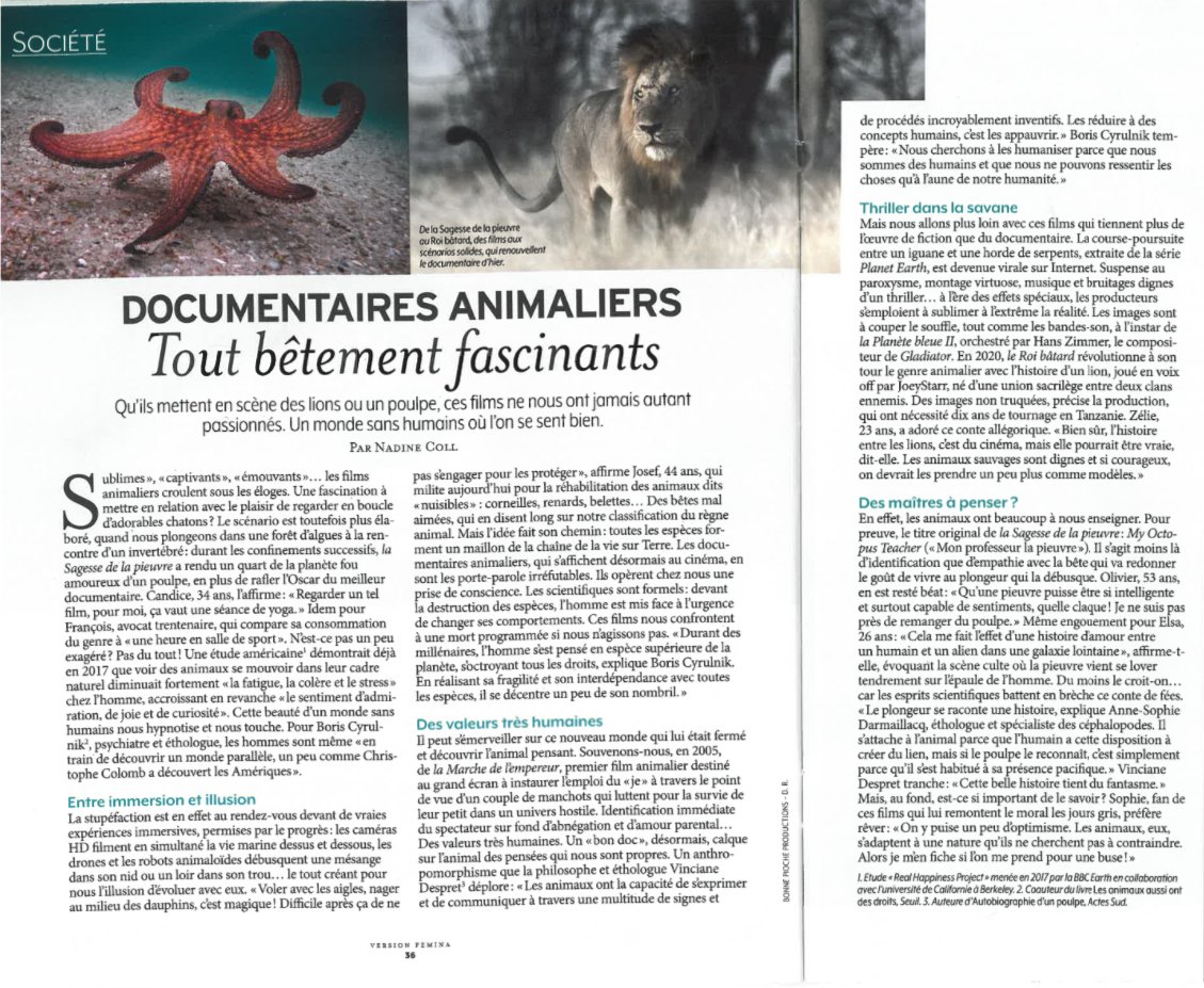 Quand <a href="/Femina_fr/">Version Femina</a> publie un article sur les documentaires animaliers et cite 2 de nos films... LA MARCHE DE L'EMPEREUR de <a href="/Luc_Jacquet/">Luc Jacquet</a> bien-sûr mais aussi LE ROI BÂTARD d'Owen Prümm, diffusé sur <a href="/canalplus/">CANAL+</a> il y a 1 an. 👌🙏
@YvesDarondeau @alexsoullier