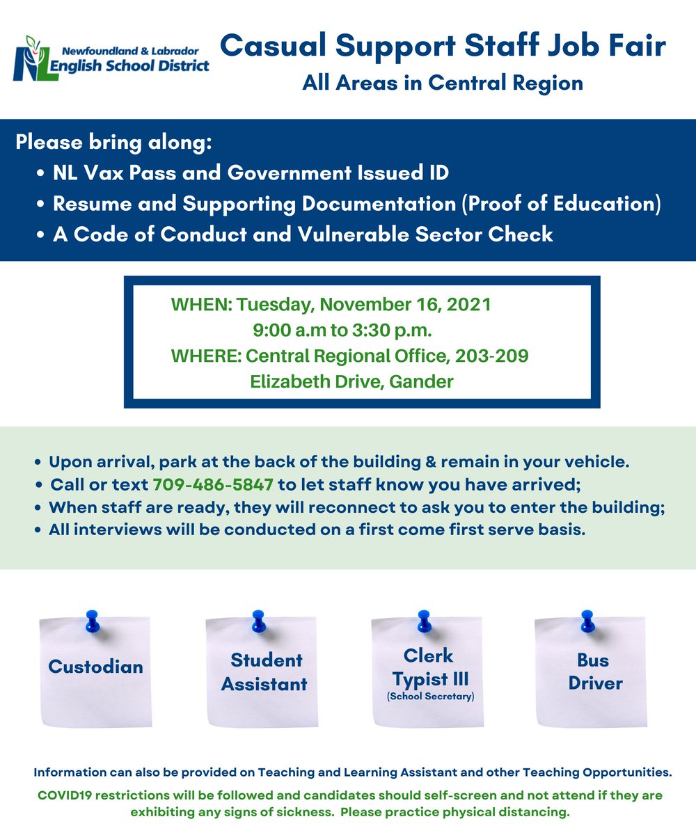 NLSchoolsCA's tweet image. Details on the Central Job Fair to be held at the Central Regional Office on November 16 from 9:00 a.m. to 3:30 p.m. are found below.