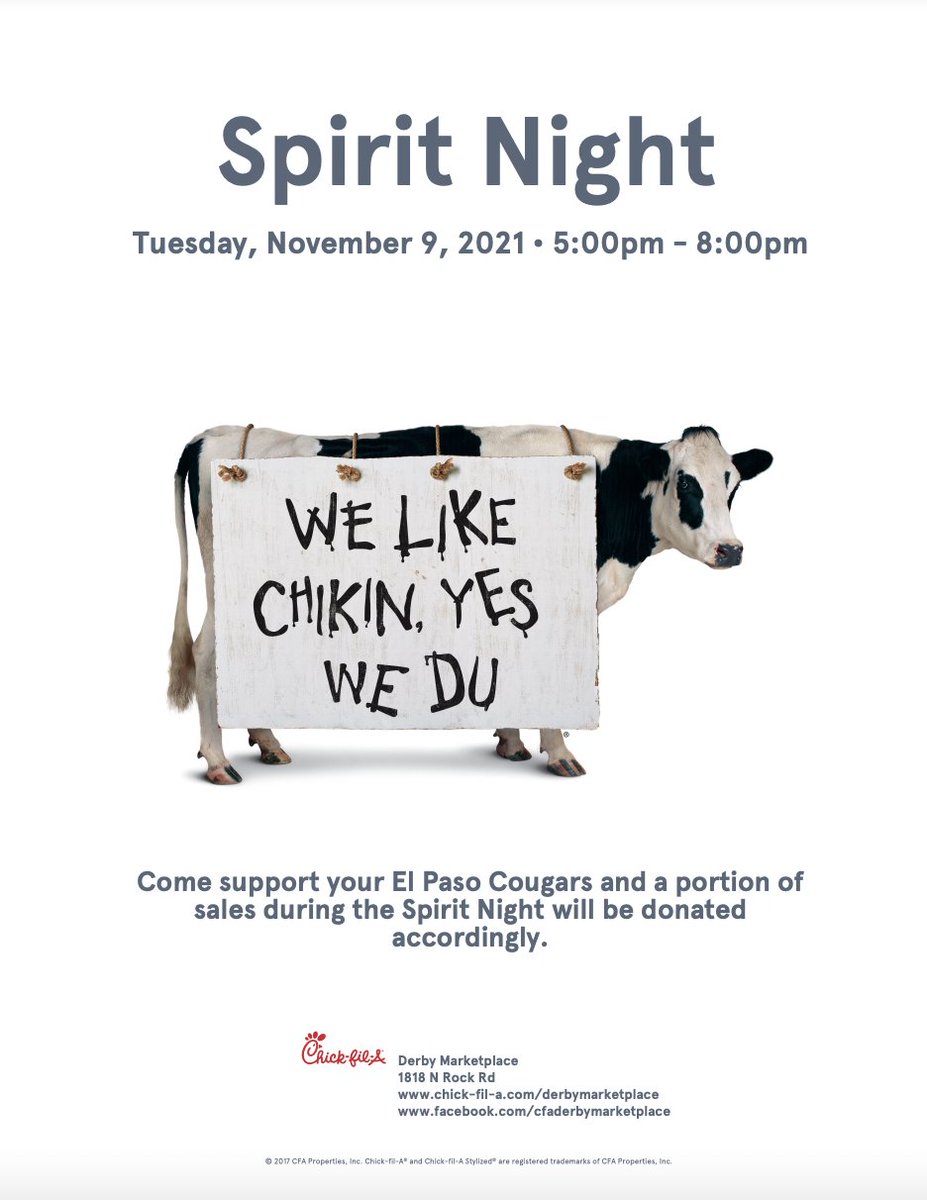 Chick-fil-a Spirit Night tonight from 5:00PM-8:00PM.