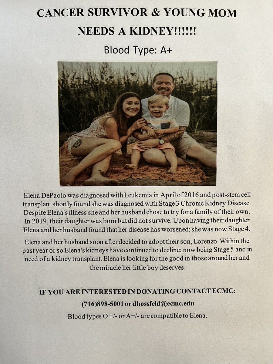 depaolo_elena's tweet photo. Hello everyone, I am in need of a kidney transplant and I’m looking for people to share my story and/or call to see if they are my match. Blood types O and A are compatible to me. The number is (716)898-5001. Please share!! https://t.co/tUI0sv2ilM