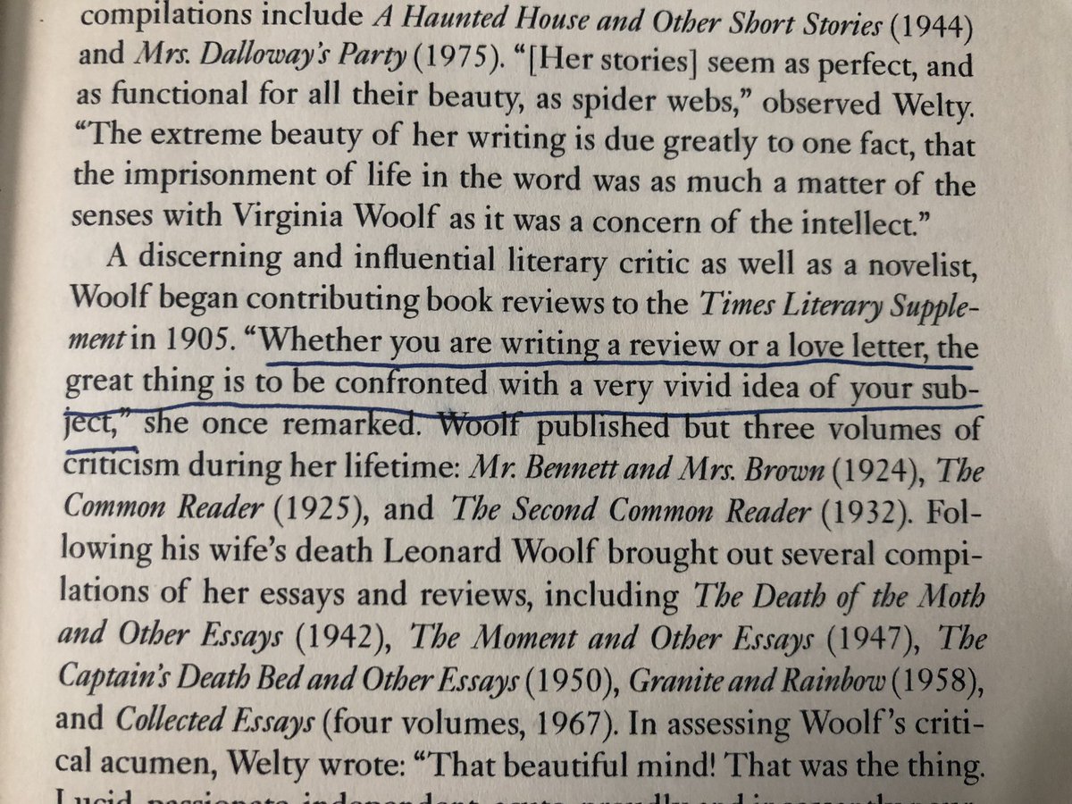 Bebbabeee's tweet photo. I just love this Virginia Woolf quote: “Whether you are writing a review or a love letter, the great thing is to be confronted with a very vivid idea of your subject.” https://t.co/sZoa3uih7P