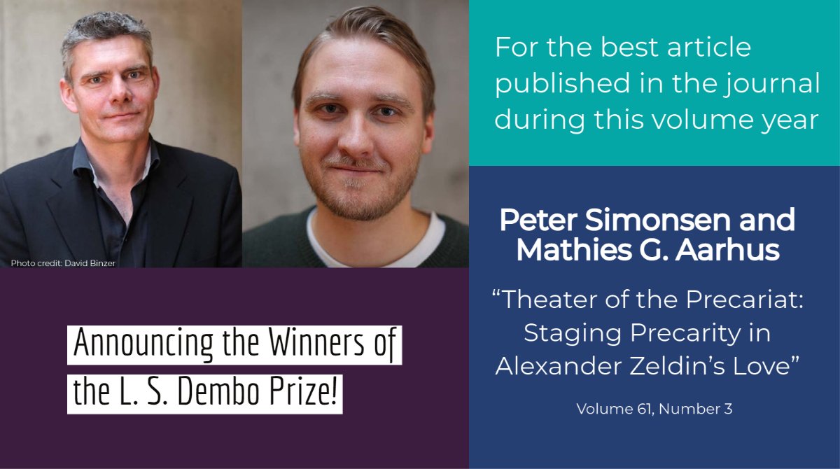 C_L_Journal's tweet photo. Congratulations to Peter Simonsen and Mathies G. Aarhus, winners of the L. S. Dembo Prize!  @petsimonsen @aarhus_g 

Find their article, "Theater of the Precariat: Staging Precarity in Alexander Zeldin’s Love," here: https://t.co/c4TvTieojW https://t.co/ACnI6BCLch