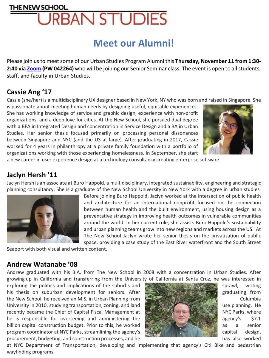 HeathcottJoseph's tweet photo. @NewSchoolGLUE Please join us to meet some of our Urban Studies Alumni this Thursday, Nov. 11 from 1:30-2:40 via Zoom (PW 042264) featuring presentations by Cassie Ang BA'17, Jaclyn Hersh BA'11, and Andrew Watanabe BA'08.  https://t.co/SxrONwCpCj https://t.co/vDT2YoSCH1