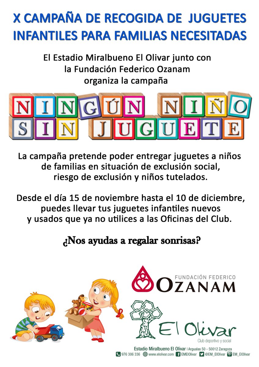 EM_ElOlivar's tweet photo. #ElOlivar y la @FundacionOzanam unen fuerzas y esfuerzos poniendo en marcha la décima edición de su campaña de recogida de juguetes bajo el lema "Ningún niño sin juguete" 🧸

Ayúdanos a regalar sonrisas a los más pequeños.

ℹ️ https://t.co/EzI1ahcdzh https://t.co/m9gJGsuQ65