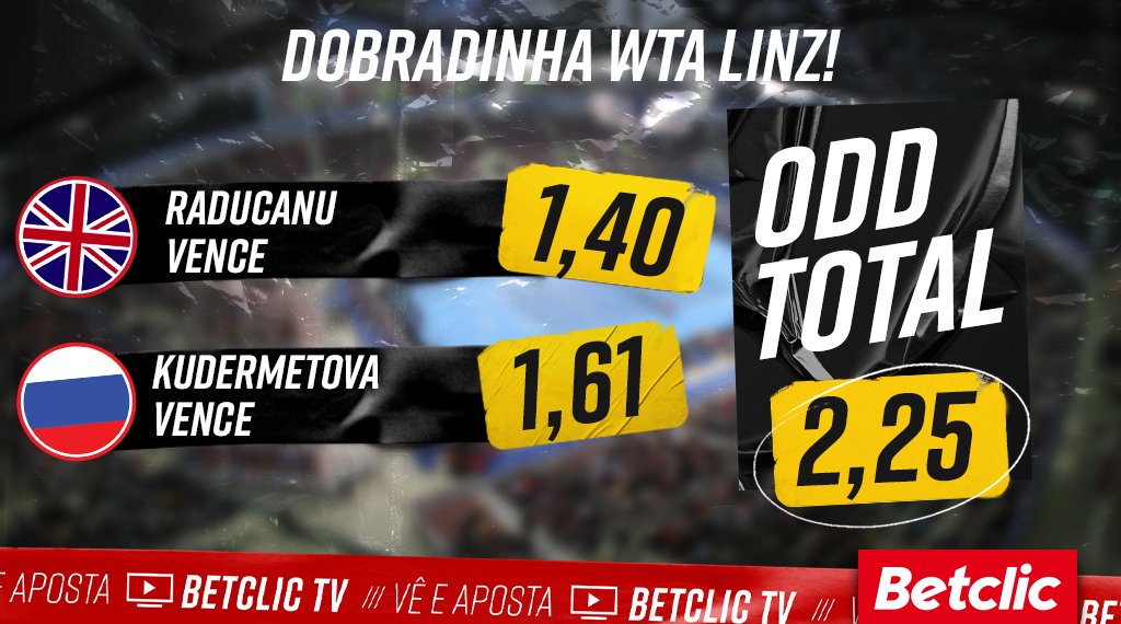 🎾 Aqui vai uma dobradinha para o WTA de Linz! Se esta aposta der certo vamos sortear 10€ de Freebets para 10 pessoas!

- Dá RT
- Comenta o teu username Betclic

1 comentário por utilizador.
Passatempo termina às 17:00.