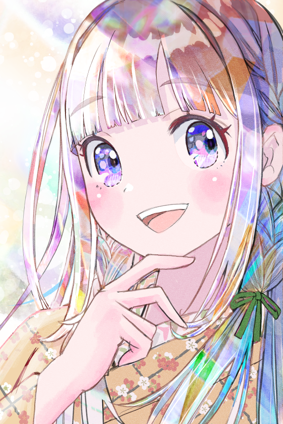 1girl solo smile bangs japanese clothes kimono purple eyes  illustration images