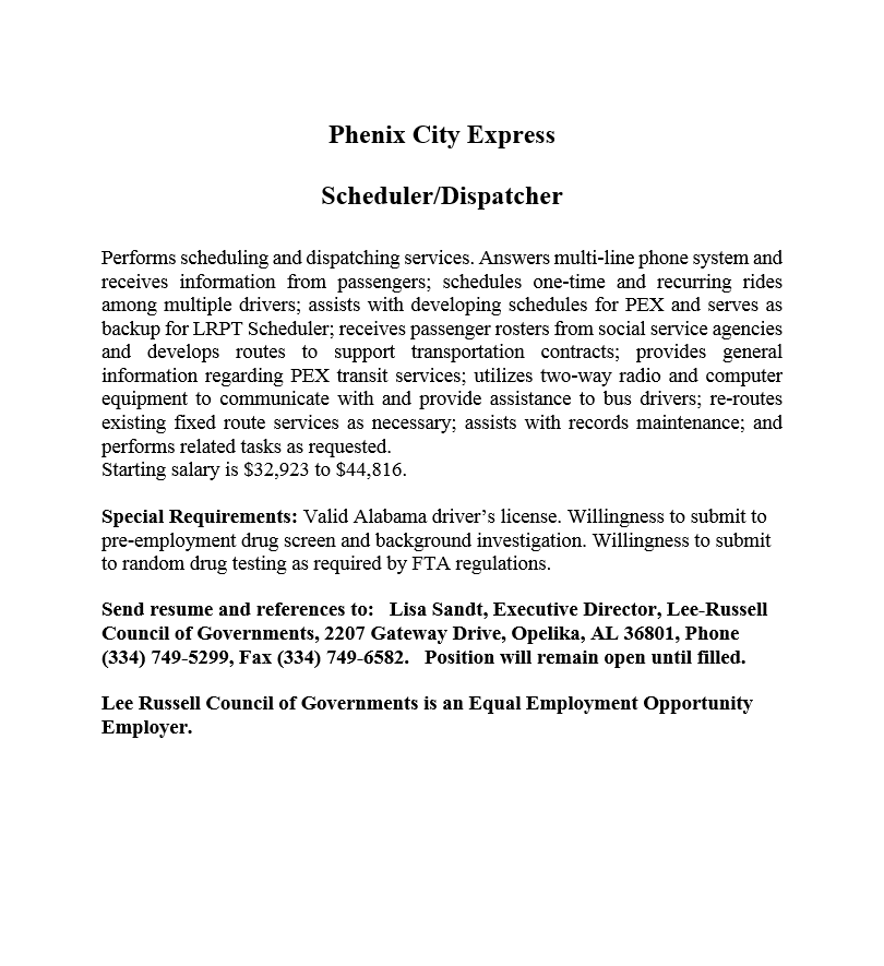 Please view the updated special requirements for the Phenix City Express Scheduler/Dispatcher position.