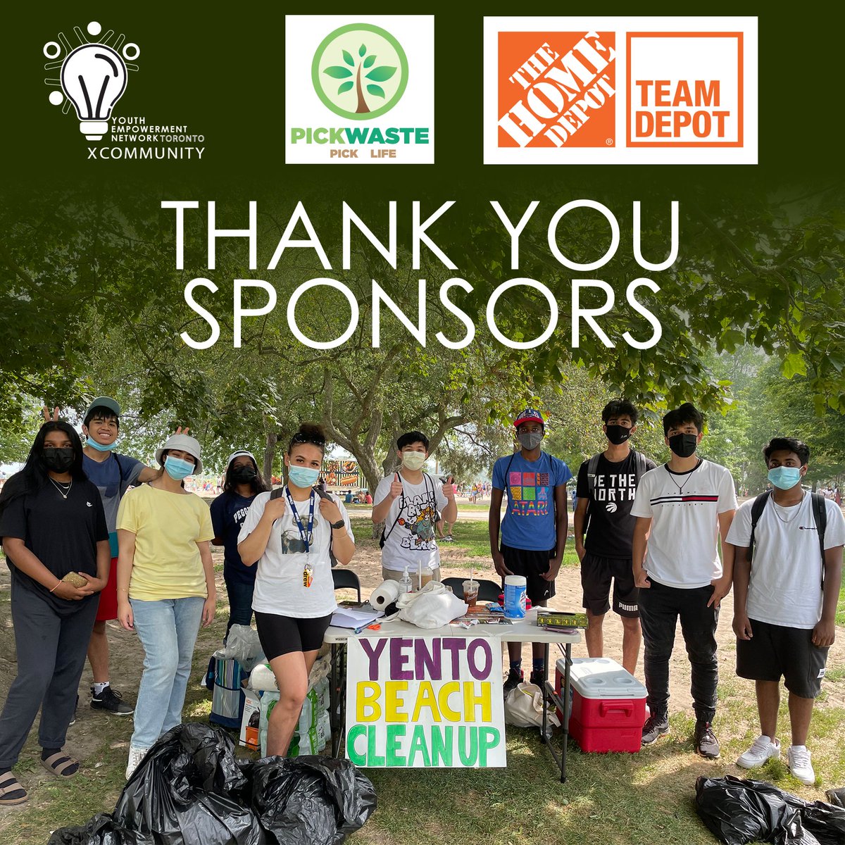 Thank you to <a href="/PickWaste/">PickWaste</a> for their generosity in providing us garbage bags and gloves for our beach clean-up! 

Thank you to <a href="/HomeDepotCanada/">Home Depot Canada</a>. Through the <a href="/HomeDepotCanada/">Home Depot Canada</a> Team Depot program products needed for the community cleanup were donated.