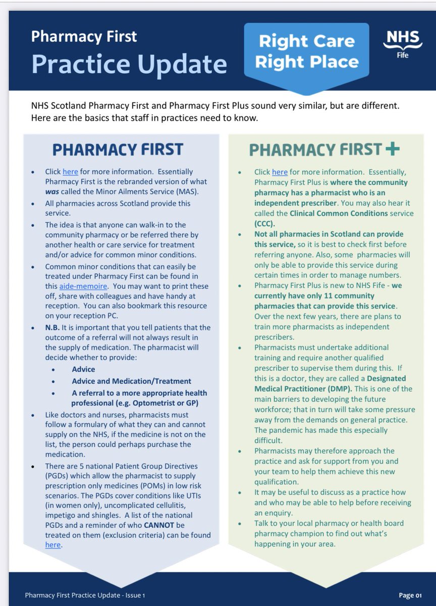 First of three updates for General Practice colleagues <a href="/nhsfife/">NHS Fife</a> on Pharmacy First and Pharmacy First Plus, highlighting when referrals are appropriate and how to get the patient journey right first time, please share widely bit.ly/3wpGWQw