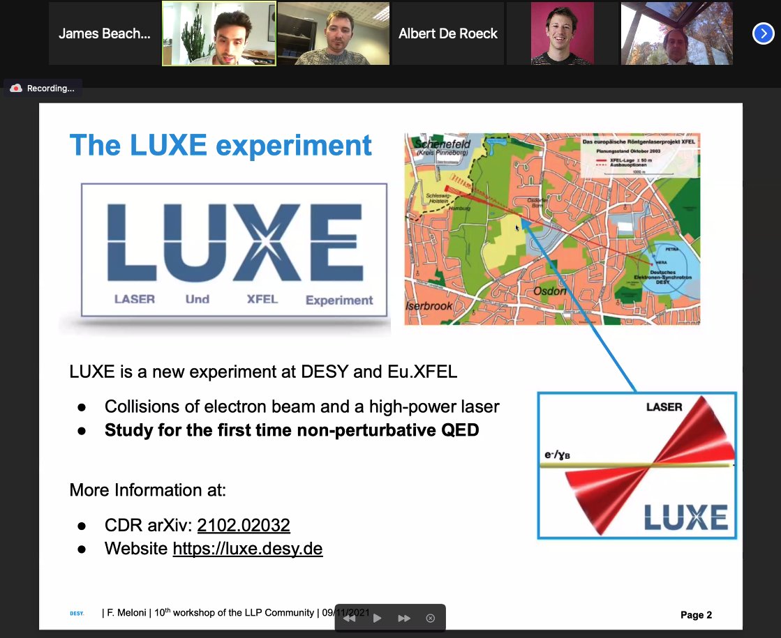 jbbeacham's tweet photo. Great talk by Federico Meloni here at our #LLPX workshop about the new LUXE experiment to look for new long-lived particles in the collision of an electron beam & a high-powered laser at @desy @desynews #CERN https://t.co/NmbVDYynve https://t.co/8sUSGtWN59