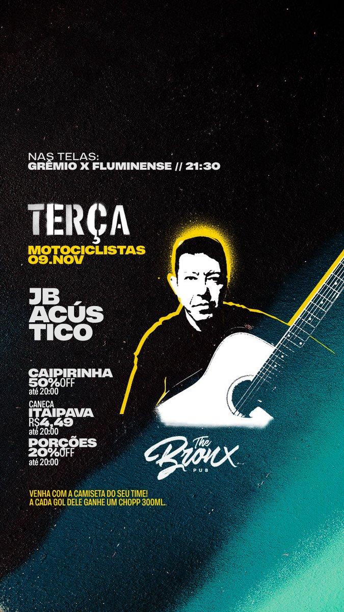 TheBronxPub's tweet photo. TERÇA MOTOCICLISTAS! 🤟⚽️🍺
Sonzeira com @jr_buckman!

⚽️ JOGOS NAS TELAS
21:30 // Grêmio X Fluminense

⚡️ PROMOS ATÉ 20h:
🍺 CANECA ITAIPAVA R$4,49
🍹 CAIPIRINHA 50%OFF
🍟 PORÇÕES 20%OFF
——————
🚀 #vemprotheBRONX
#paranagua #libertadores #copadobrasil #serieb #brasileirão https://t.co/0oUQECkzxm