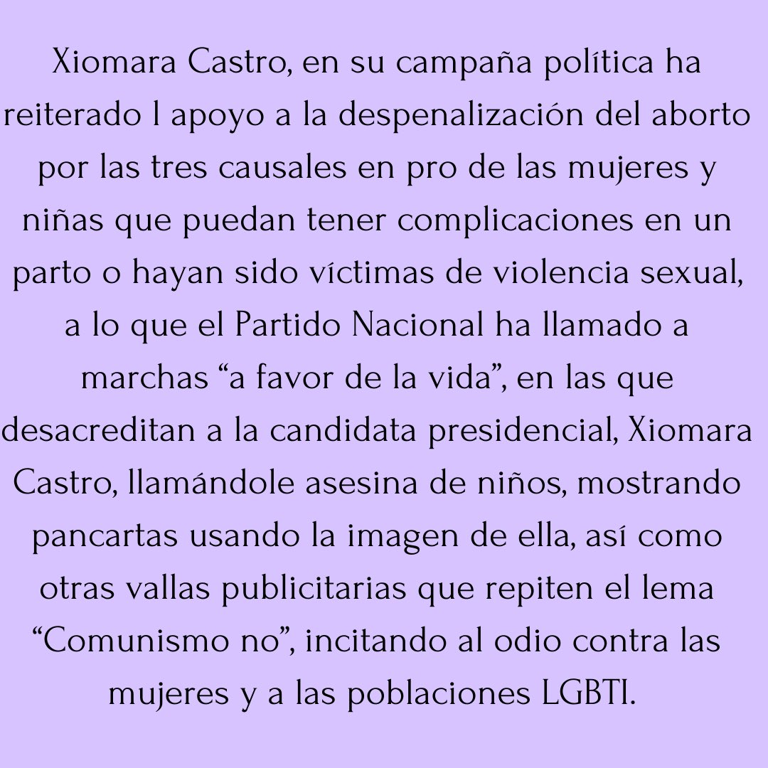 colectabogadas's tweet photo. Desde la Colectiva de Abogadas por los Derechos Humanos nos manifestamos y denunciamos públicamente la campaña de odio y anti derechos que ha emprendido el Partido Nacional en contra de la candidata presidencial @XiomaraCastroZ y todas las mujeres, niñas y población LGBTI. https://t.co/7HAaL5IWBe