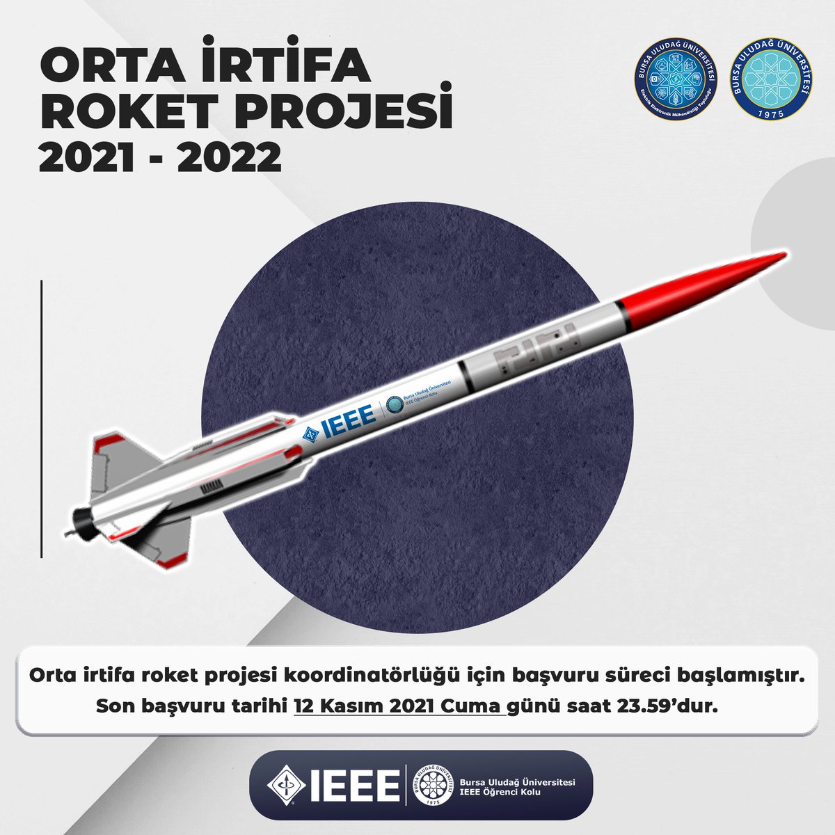 ieeeulusb's tweet photo. Merhaba IEEE ailesi,

2022 yılı Orta İrtifa Roket Projesi için koordinatör alımları başlamıştır. Profilde yer alan Orta İrtifa Roket Projesi Koordinatörlük Seçimi başvuru formunu doldurarak koordinatörlük başvurusu yapabilirsiniz. https://t.co/BtdtA60mFH