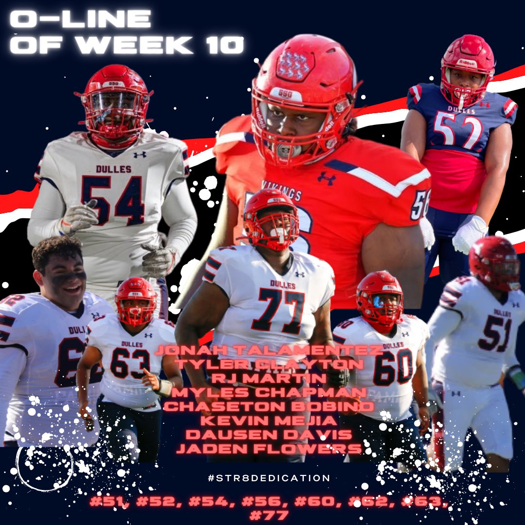 DullesFootball's tweet photo. Offensive Linemen of the Week
District Week 10 vs. George Ranch HS
Jaden Flowers, Senior
Kevin Mejia, Senior
RJ Martin, Senior
Myles Chapman, Senior
Jonah Talamentez, Sophomore
Tyler Clayton, Junior
Chaseton Bobino, Junior
Dausen Davis, Junior
#Str8Dedication https://t.co/uycj6VFe4i