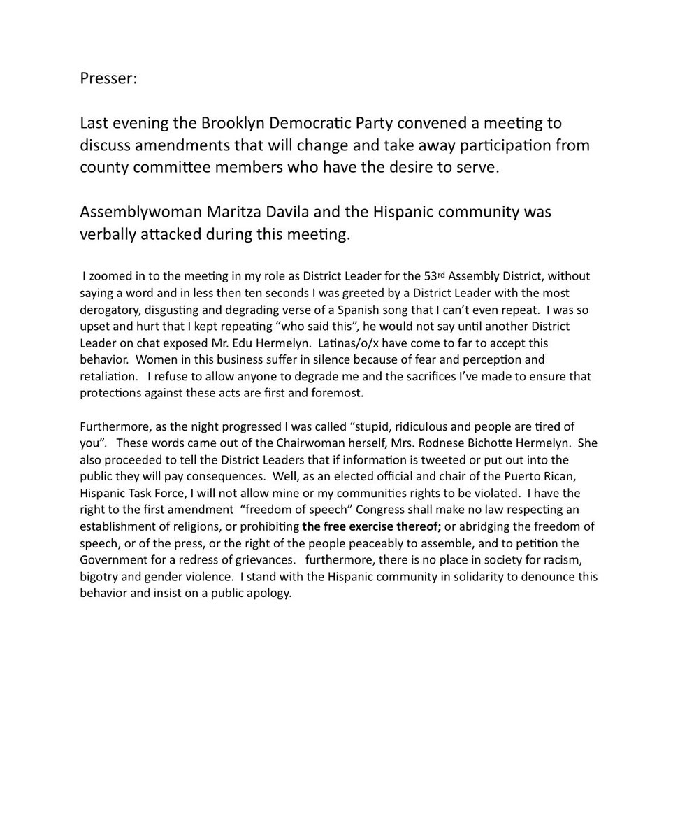 Assemblywoman Maritza Davila and the Hispanic community was verbally attacked during the Brooklyn Democratic Party Meeting.