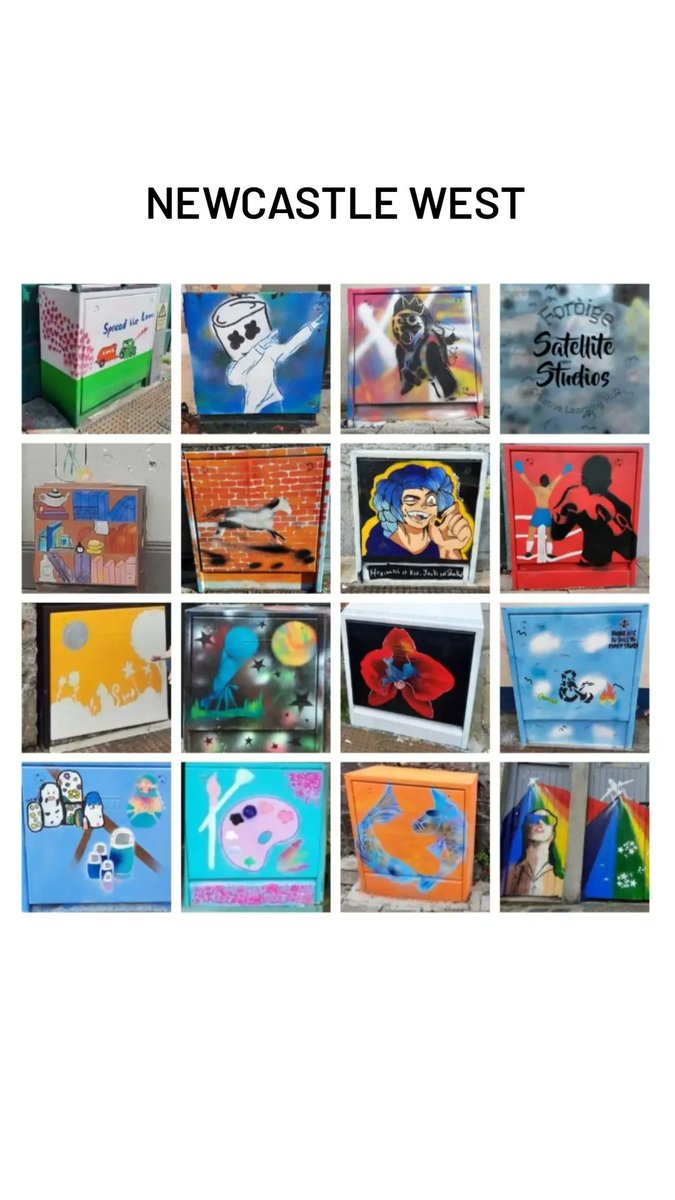 WestLKforoige's tweet photo. Thats a wrap! 
We set out to do 8 artworks.
18 young people, 15 artworks later! The Satellite Studios Community Art Exhibition by the young people.This project was about bringing a smile to the people of West Limerick #foroige #tusla #limerick #newcastlewest https://t.co/rFVHtQSWEf