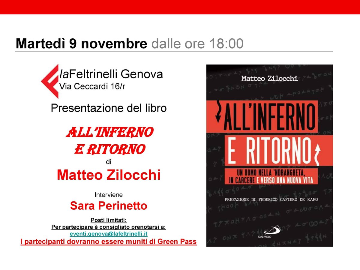 📌 Oggi #9novembre, alle ore 18.00, presso La Feltrinelli Genova, <a href="/MatZilocchi/">Matteo Zilocchi</a>  presenterà il libro 
"All'inferno e ritorno" con Sara Perinetto
Per partecipare, scrivere a👉 eventi.genova@lafeltrinelli.it
Green pass obbligatorio.
Vi aspettiamo!
📚bit.ly/InfernoeRitorno