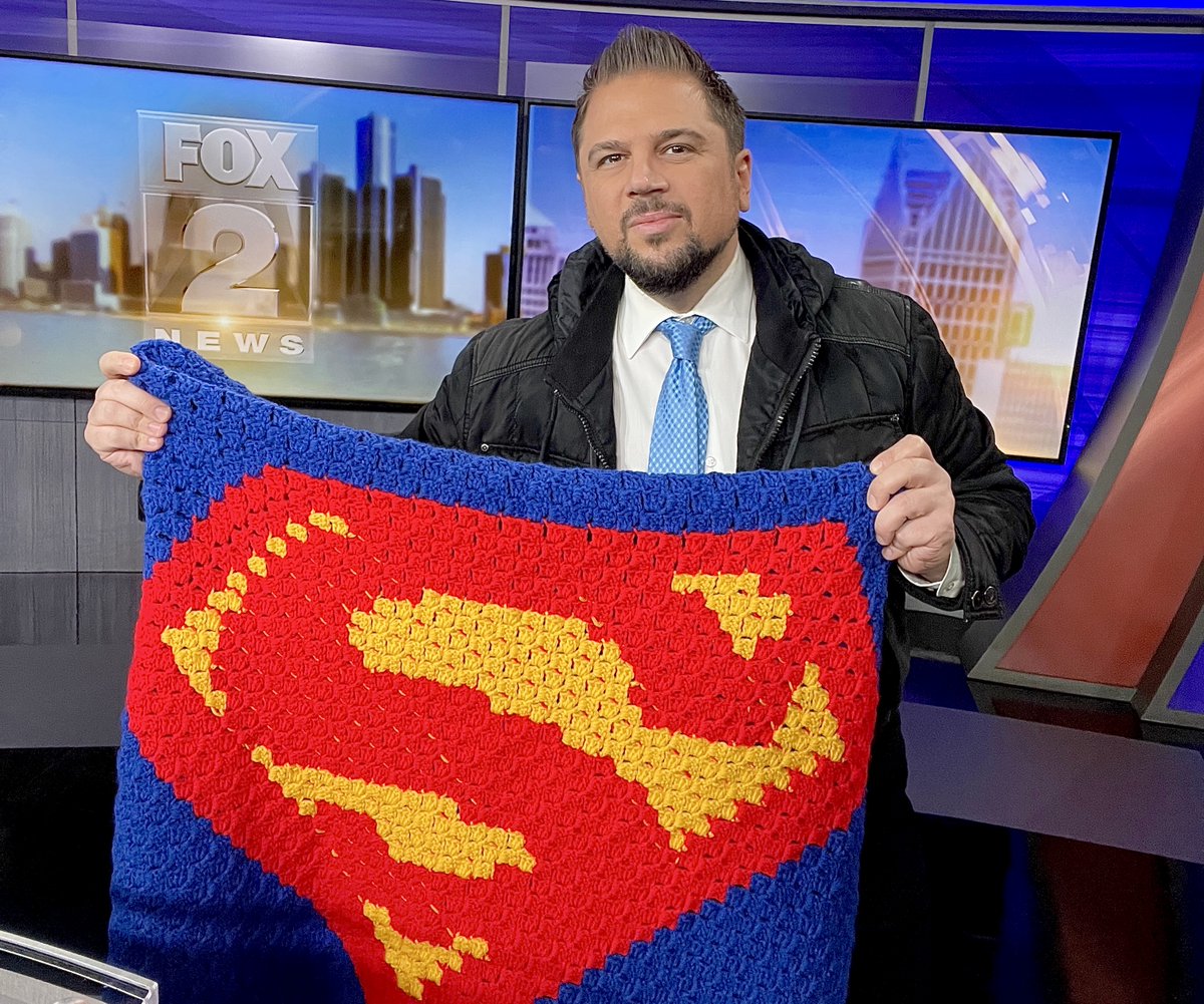 JayTowers's tweet photo. When @FOX2News viewer @GwenRobby heard I had Covid-19 she hand made me this #Superman Blanket! Thank You Gwen for such a wonderful and thoughtful gift! https://t.co/GMhbusddCk