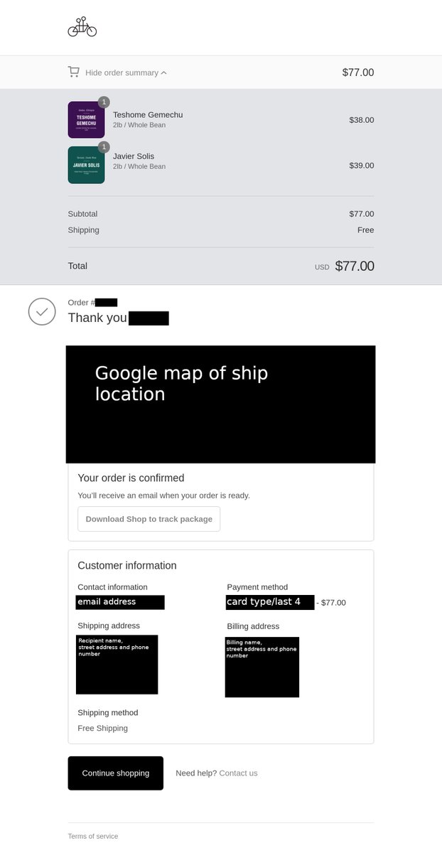 danfuhry's tweet photo. @ShopifySupport Can you ensure order date/paid date is added to "View Your Order" pages? I expense my coffee through Twic, and have to build a merged PDF w/credit card statement to prove order date for reimbursement. Could be fixed by putting order date on this page. Thanks! https://t.co/YT7nTr79FO