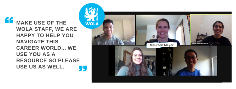 WOLA_interns's tweet photo. Last week we had a wonderful brownbag with @meyermc, the Vice President for Programs at @WOLA_org. Thank you Maureen for really describing the extent of the work you do for WOLA as well as giving us interns very helpful advice as we begin to navigate our career journeys! 😊 https://t.co/7Q7BYyBALJ