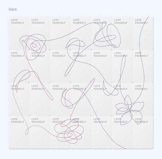 kkulscart's tweet photo. ang sad lang na they had to remove the backprint. diba the holo lines at the back are supposed to connect with each other’s pcs that would make a beautiful love yourself series line art? like WHY would they have to remove such masterpiece that holds a valuable meaning to bts? 🥲 https://t.co/98lKteMWGc