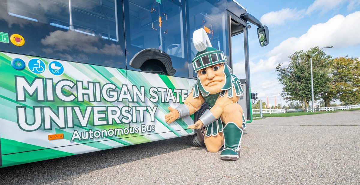 MSU_EGR's tweet photo. Sparty is helping introduce #MSU’s electric autonomous bus that will serve students, staff and faculty beginning early 2022. The bus represents one of the largest electric autonomous transit vehicles to be deployed on U.S. roadways to date. Video: https://t.co/R7SnBVifN7 https://t.co/STMnHhDst4