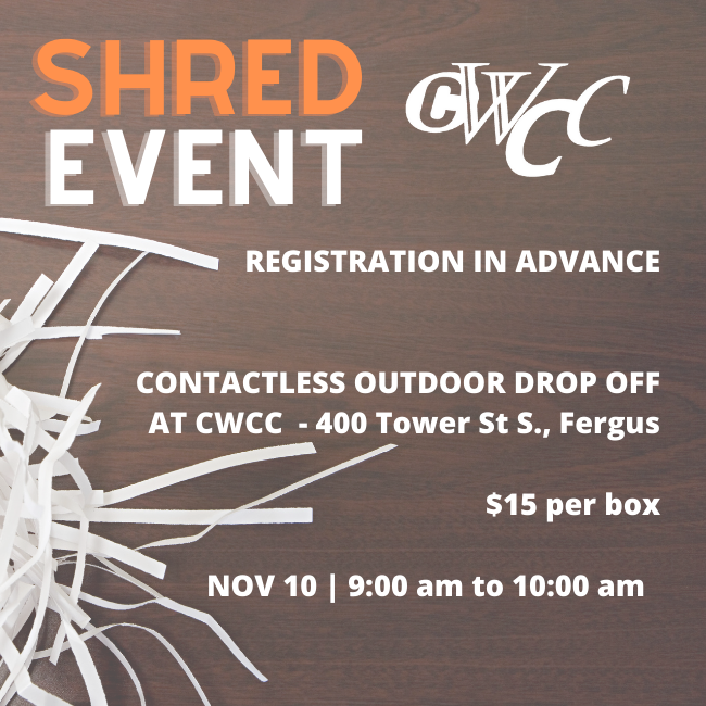 ‼️Join us tomorrow, November 10th, for another shred event. Come by the CWCC office and dump your confidential materials right into the ShredIt bin in our parking lot‼️ 

The Cost is $15 + HST per box.

Email communications@cwchamber.ca if you are planning to attend.