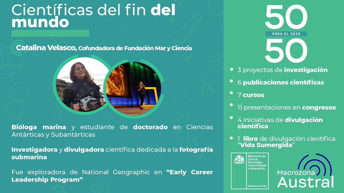 📌 Hoy en #científicasdelfindelmundo 👩🏻‍🔬  destacamos a <a href="/Catasubmarina/">Catalina Velasco Charpentier</a>, bióloga marina, fotógrafa submarina, divulgadora científica y cofundadora de <a href="/fmaryciencia/">Fund. Mar y Ciencia</a>.
Su amor por el océano 🌊 se ve plasmado en su libro #Vidasumergida que ya se encuentra disponible en las librerías 📚.