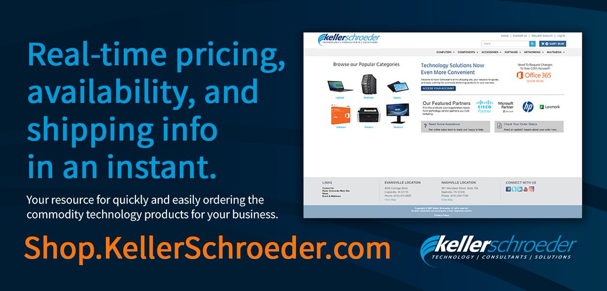 Shop.KellerSchroeder.com >> Real-time pricing, availability, and shipping info at your fingertips. Our eCommerce site is your resource for quickly and easily ordering commodity technology products for your business. #techecommerce #techproductsonline