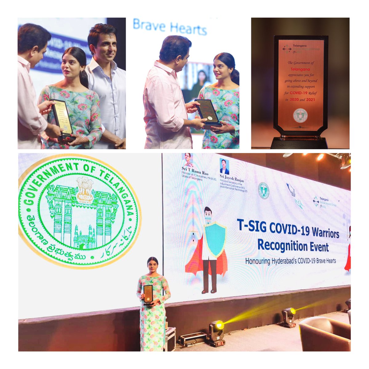 ShravyaMandadi's tweet photo. Truly humbled to be honoured by Telangana Social Impact Group @TelanganaSIG &amp; Telangana Government,a State Govt. recognition of individuals who have extended the highest levels of relief to citizens affected by #COVID19 
Received the award from @KTRTRS @jayesh_ranjan @SonuSood https://t.co/UBdizuCPCT