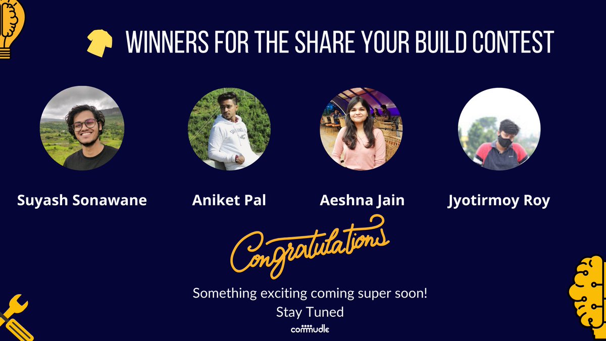 commudle's tweet photo. We are sending you a T-shirt🥳🎉.

Here are all the winners from the Share Your Build contest 
Congratulations everyone🎉🎇

#funcontests #contestwinner #projects #ai #share #builds #community #commudle #shareyourbuild #giveaways #project #google https://t.co/cD5wpHRtg4