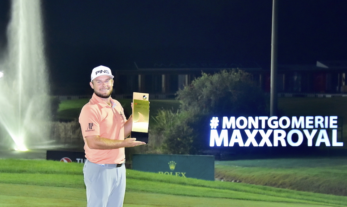 MontgomerieMaxx's tweet photo. 🔙 to 2019 when Tyrrell Hatton lifted #TAOpen trophy #MontgomerieMaxxRoyal. The 6-man (Hatton, Schwab, Kitayama, Van Rooyen, Perez, Hebert) marathon under the lights followed by Hatton beating Matthias Schwab on the 4th #playoff hole. #tb #MaxxRoyal #Belek #Antalya #Turkey https://t.co/fuKErqshnc