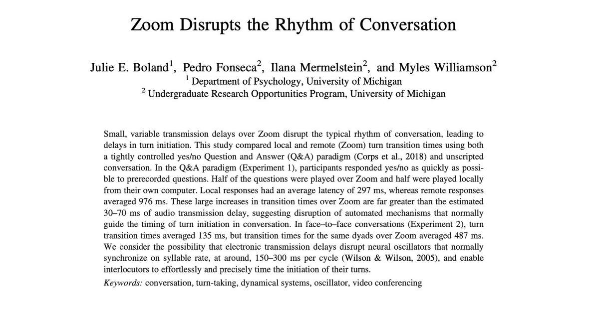 JaimieKrems's tweet photo. Thing you probably knew about Zoom being hard gets empirical support! 

Cool new paper in JEP:G zeroes in on how Zoom disrupts the turn-taking fundamental to conversation... 

(likely via transmission delays➡️neural oscillators helping us time turn-taking)
https://t.co/dmGll93Rc8 https://t.co/2D70CAye3n
