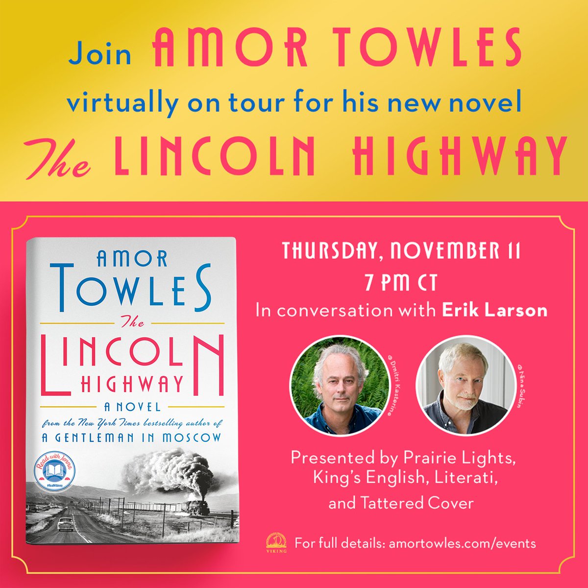 Join me this Thurs for my last virtual event on the LINCOLN HIGHWAY tour - when I'll be speaking with narrative non-fiction great, <a href="/exlarson/">Erik Larson</a>. We're sure to be talking about the difference between fact and fiction. 
<a href="/Prairie_Lights/">Prairie Lights Books</a> <a href="/KingsEnglish/">King's English, SLC</a> <a href="/TatteredCover/">Tattered Cover Book Store</a> <a href="/LiteratiBkstore/">Literati Bookstore</a>