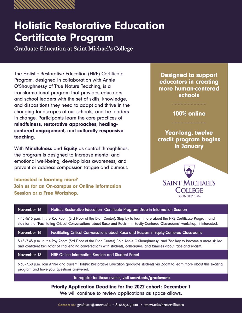 2nd Cohort of online Holistic Restorative Education certificate program starts 1/17/22! smcvt.edu/academics/grad…