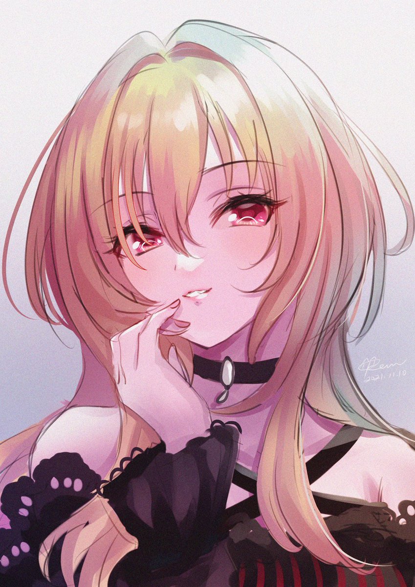 1girl solo blonde hair long hair choker red eyes looking at viewer  illustration images