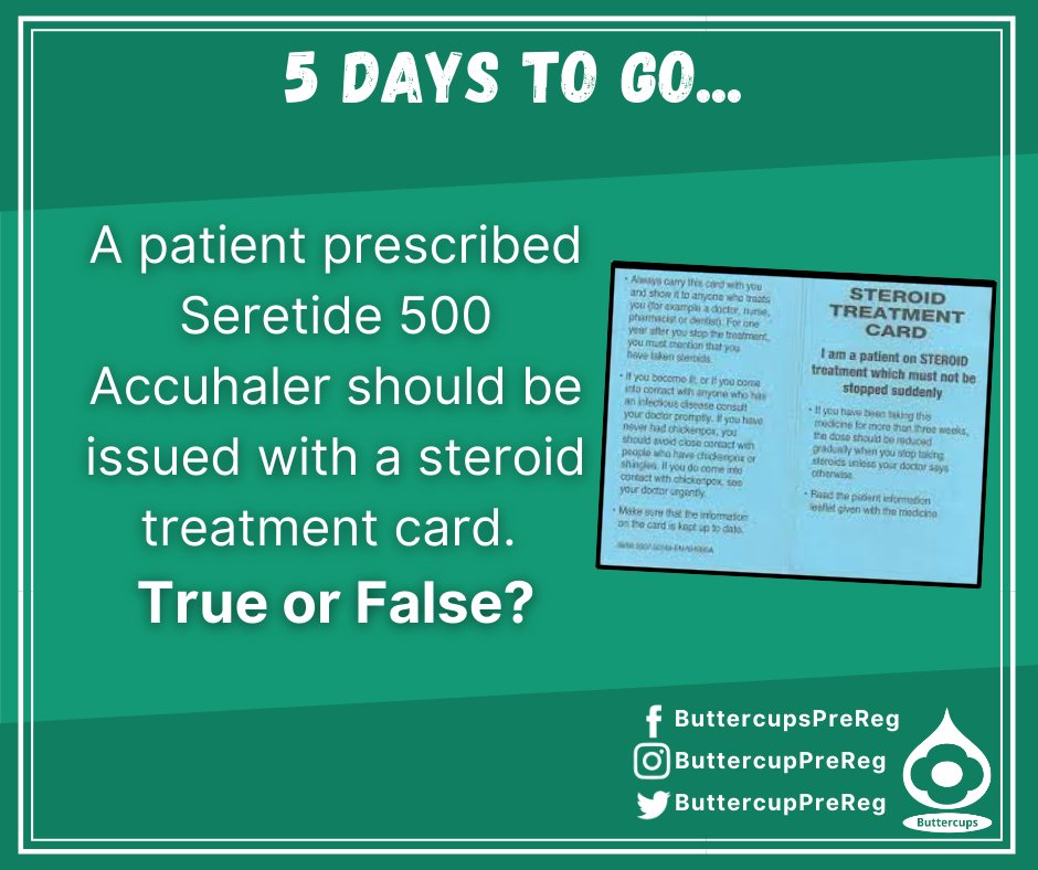 ButtercupsTP's tweet photo. When should a patient be supplied with a steroid treatment card? #prereg #proreg #provreg #trainepharmacist #resitter https://t.co/zra4LFPTuj