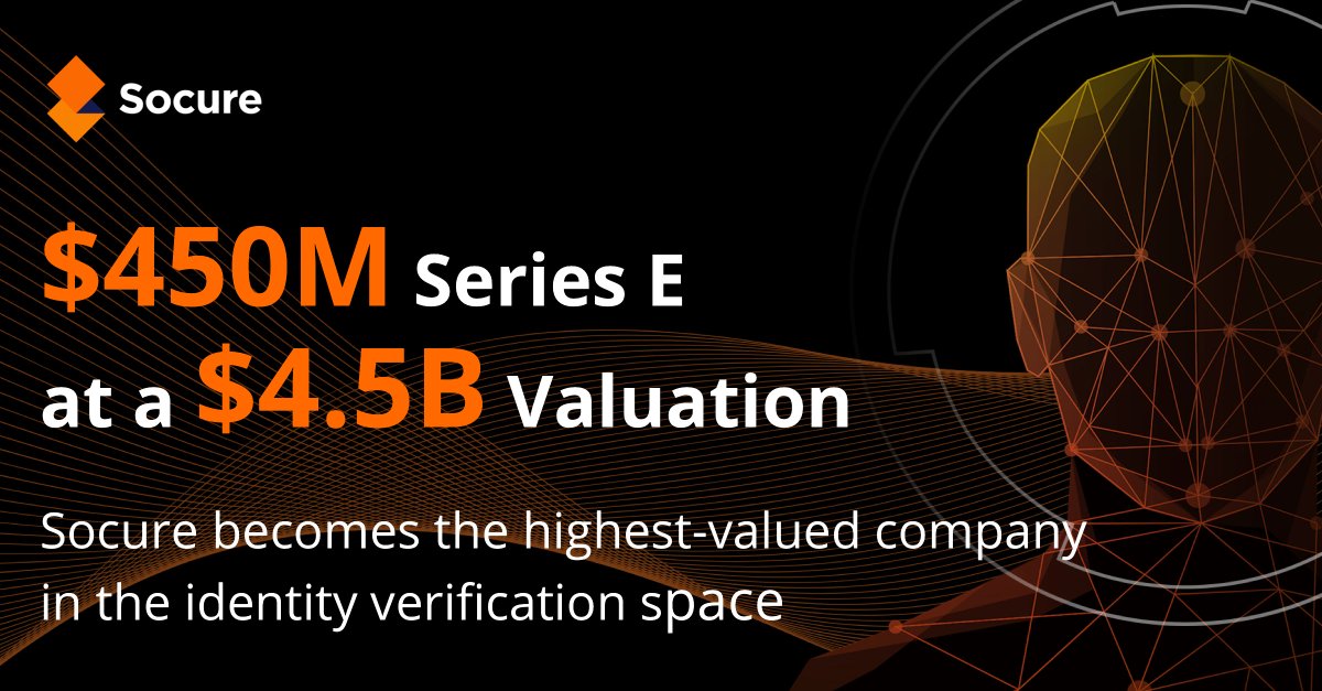 Socure raises $450M as part of a Series E at a $4.5B valuation. With 500% YoY growth, Socure is the platform of choice for enterprises across all industries, including four of the five largest banks and seven of the 10 largest credit card issuers. hubs.ly/H0-SH7h0