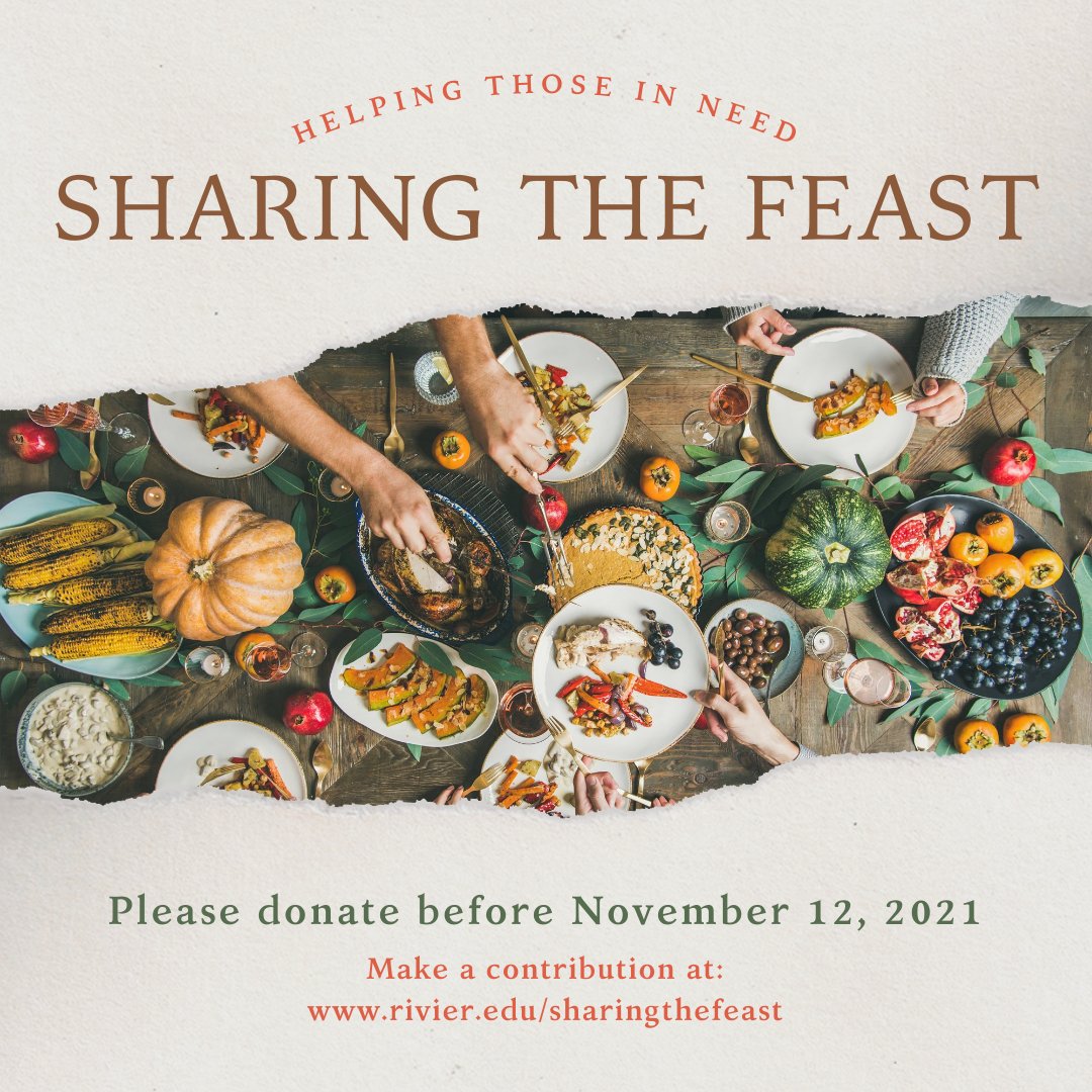 RivierBusiness's tweet photo. Every donation makes a difference. $20 provides a turkey to a family; $30 provides all the accompaniments; $50 provides a complete Thanksgiving meal. Please help us reach our $9,000 goal and be a part of Sharing the Feast. Donate online  at https://t.co/yKo2J4eQ2s #help #Rivier https://t.co/UEeWKRtdpx