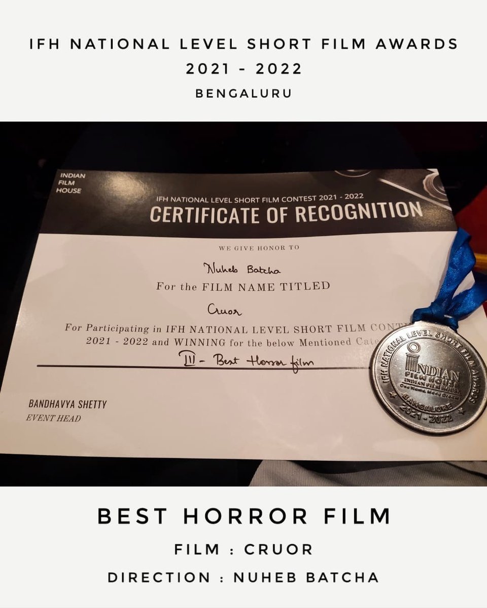 26thFilmmaker's tweet photo. Elam pugazum iraivanukey 😇
BEST HORROR FILM for FILM CRUOR
In IFH NATIONAL LEVEL SHORT FILM AWARDS 2021 - 2022,
BENGALURU
Thank god 😇
Thank All positive hearts ❤️
#indianfilmhouse #bangalore #cruor #shortfilm #the26thfilmmaker https://t.co/kDZfs6exjN