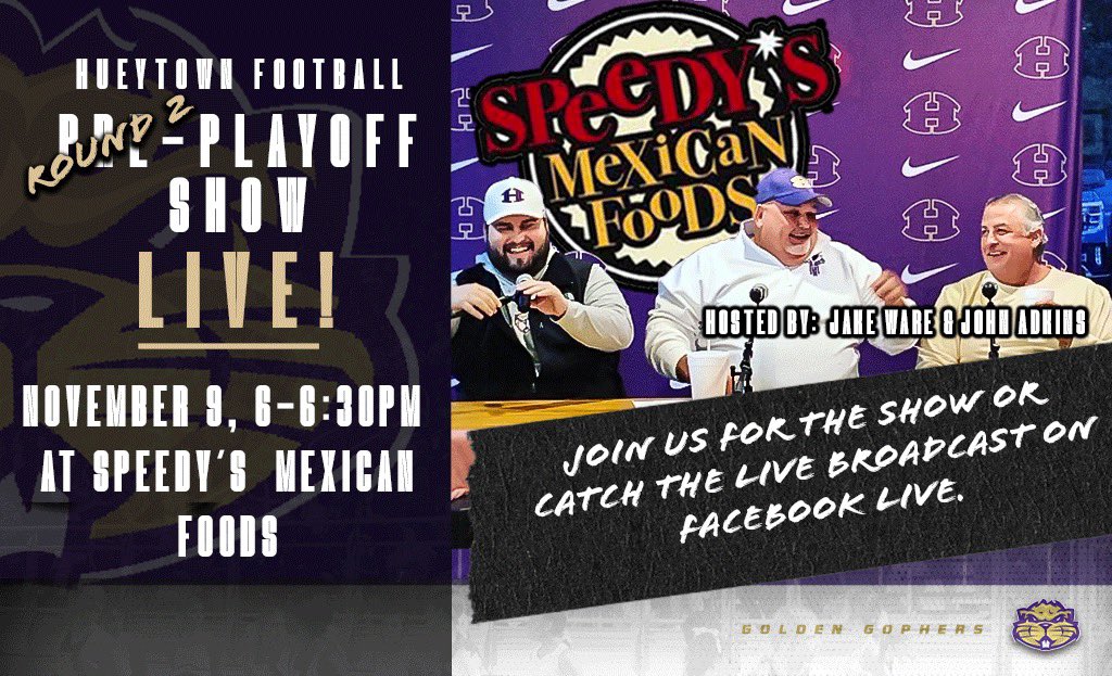 hytfootball's tweet photo. Join us tonight at Speedy’s for Round 2 of our playoff show or watch us on FacebookLive @ HYT Football https://t.co/6PCR1HKMkd