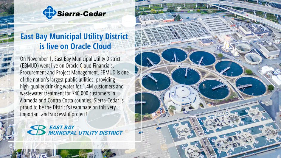 SierraCedar's tweet photo. Another successful #cloud project! Sierra-Cedar is proud to have partnered with East Bay Municipal Utility District on its #Oracle Cloud Applications implementation. Congratulations to the team! #SierraCedar #WhySierraCedar #oraclecloudapps https://t.co/NrU9i2xkBv