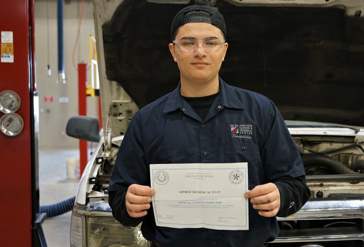 CTEReeseCenter's tweet photo. Congrats to Automotive student, Ahmed Esat, for obtaining his Texas state vehicle inspection license! Now Ahmed can officially inspect your vehicle at the Reese Center. @sammy95383535 @lizg_canchola @JWErdie @FBISD_CTE #autoinspection https://t.co/opmNlcKAc0