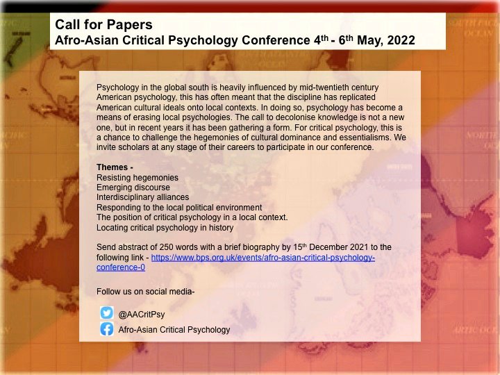 CfP
We are happy to announce that we are working in collaboration with the British Psychological Society (<a href="/BPSOfficial/">British Psychological Society</a>).

Here is our call for papers and a link to the submit your abstracts- bps.org.uk/events/afro-as…

Please share widely amongst your colleagues and students. Thanks