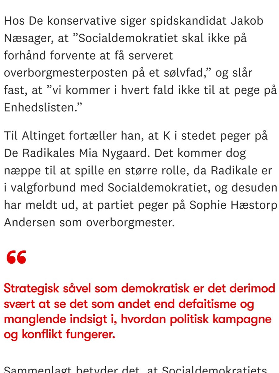 Tak for tilliden <a href="/jakobnaesager/">Jakob Næsager</a>, dog har <a href="/Altingetdk/">Altinget</a> har ret, vi peger på S! Dog skulle der mod forventning tegne sig et helt andet flertal, så tager jeg og vi i @radikalekbh selvfølgelig gerne ansvar for byen og overborgmesterposten😊 
altinget.dk/artikel/249954…
