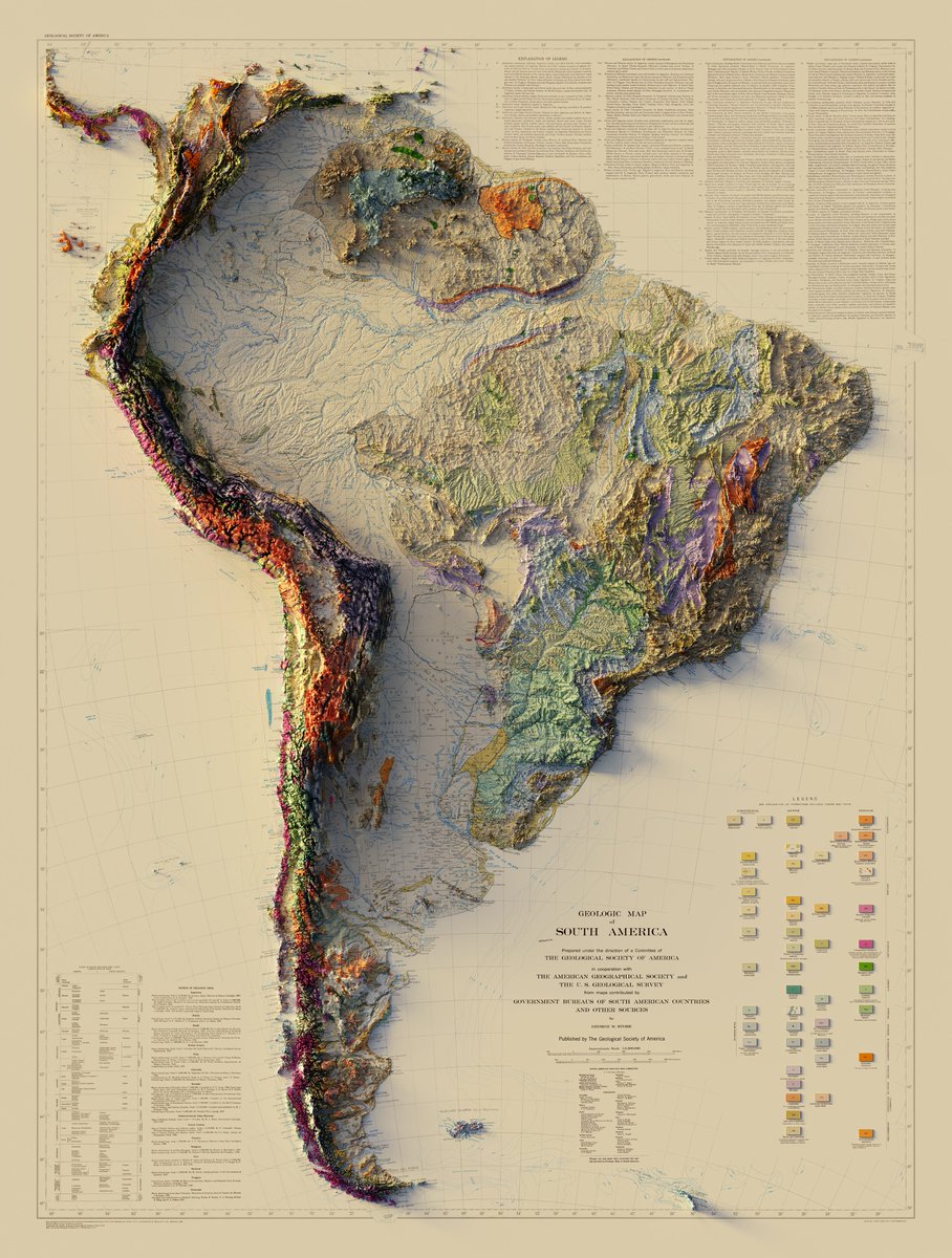 geo_spatialist's tweet image. 1/2
Geologic Map of South America - The Geological Society of America / The American Geographical Society / USGS - 1950
3D Render
Close ups below
#arcgispro #b3d #geology #geography #gis #cartography #SouthAmerica