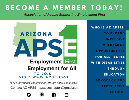 ApseAz's tweet photo. Are you a person with disabilities or a family member? Do you want to be a VOICE for Employment First?
Learn more: https://t.co/lOi26j12iH
#ArizonaAPSE #EmploymentFirst #weallworkAZ https://t.co/bM3H3vKgdT