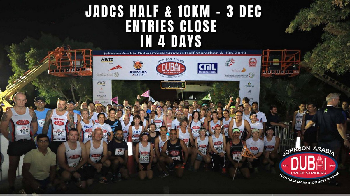 ENTRIES CLOSE IN 4 DAYS! 
You simply do not want to miss out on running the Johnson Arabia Dubai Creek Striders Half Marathon &amp; 10km - 3 Dec!

Every runner will get:
ASICS technical race shirt
Medal 
Photos 
Goodie Bag 
+ Breakfast Box

Enter via <a href="/hopasports/">Hopasports</a> today!