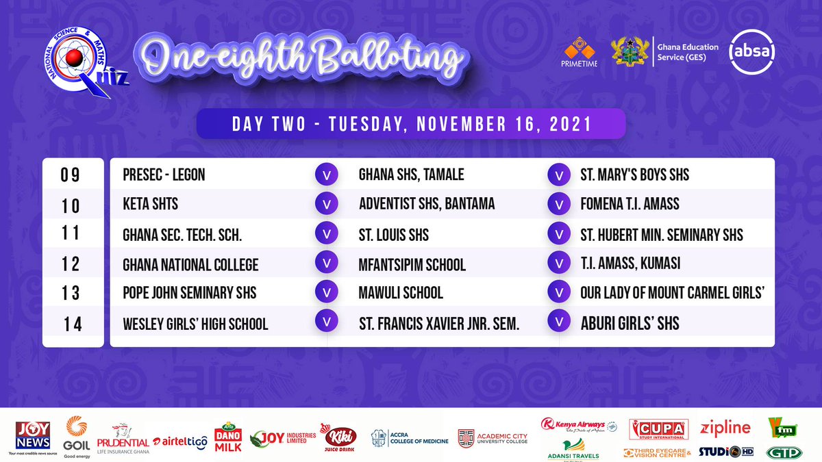 NSMQGhana's tweet photo. Here are the fixtures for Day Two. Is your school included? 😎

#NSMQBalloting #NSMQ2021 https://t.co/xXKK8TtdOD